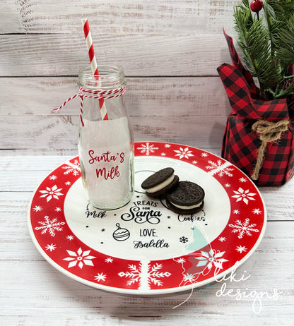 Handcrafted Santa's plate, milk bottle with straw set