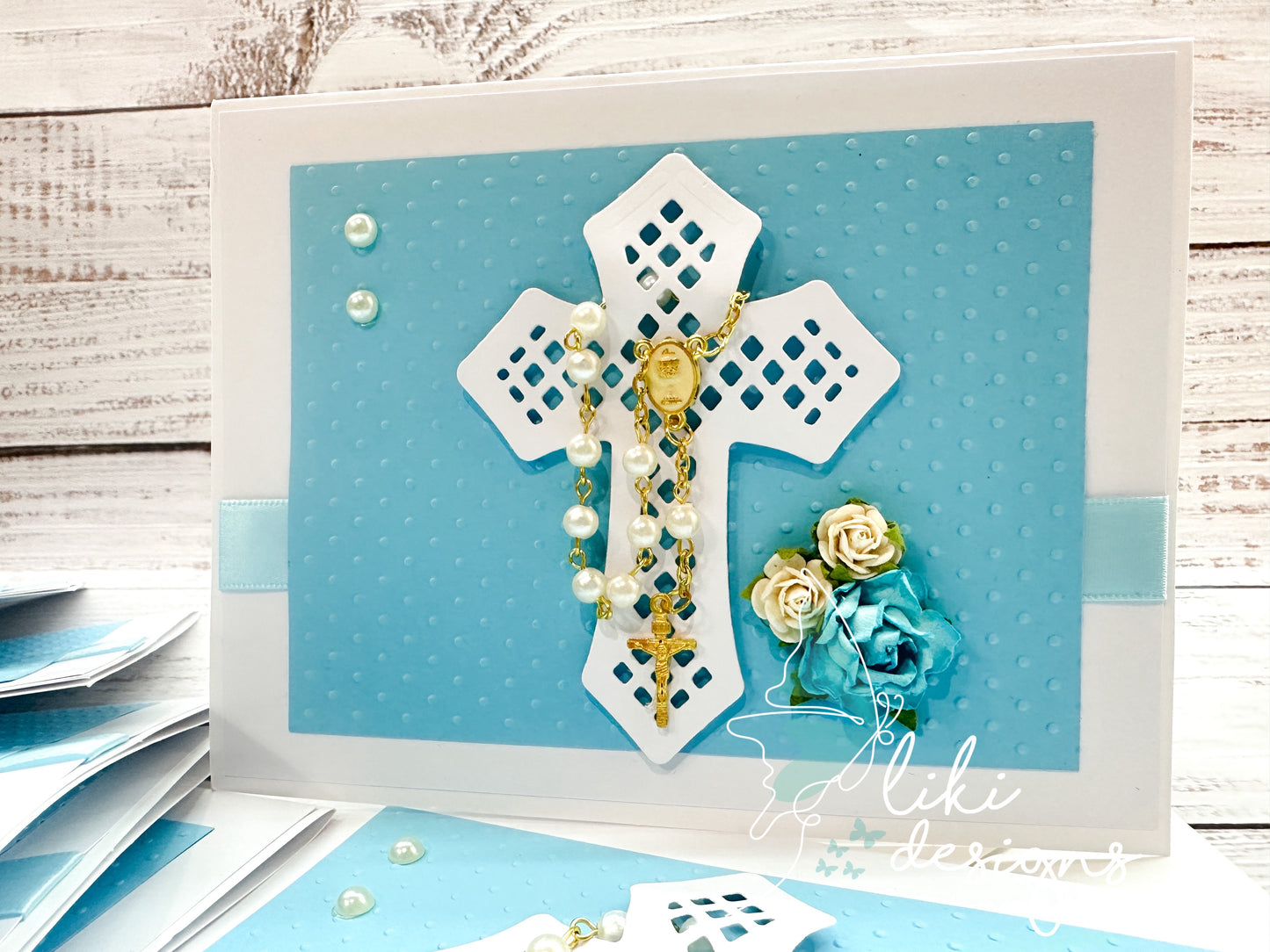 Baptism/Christening Embossed Handmade Card with Mini Rosary