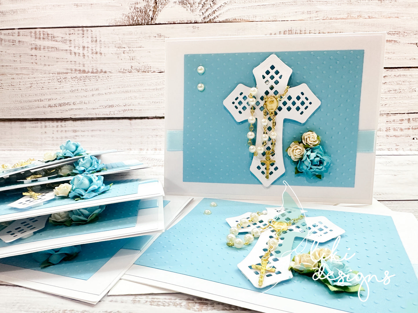 Baptism/Christening Embossed Handmade Card with Mini Rosary